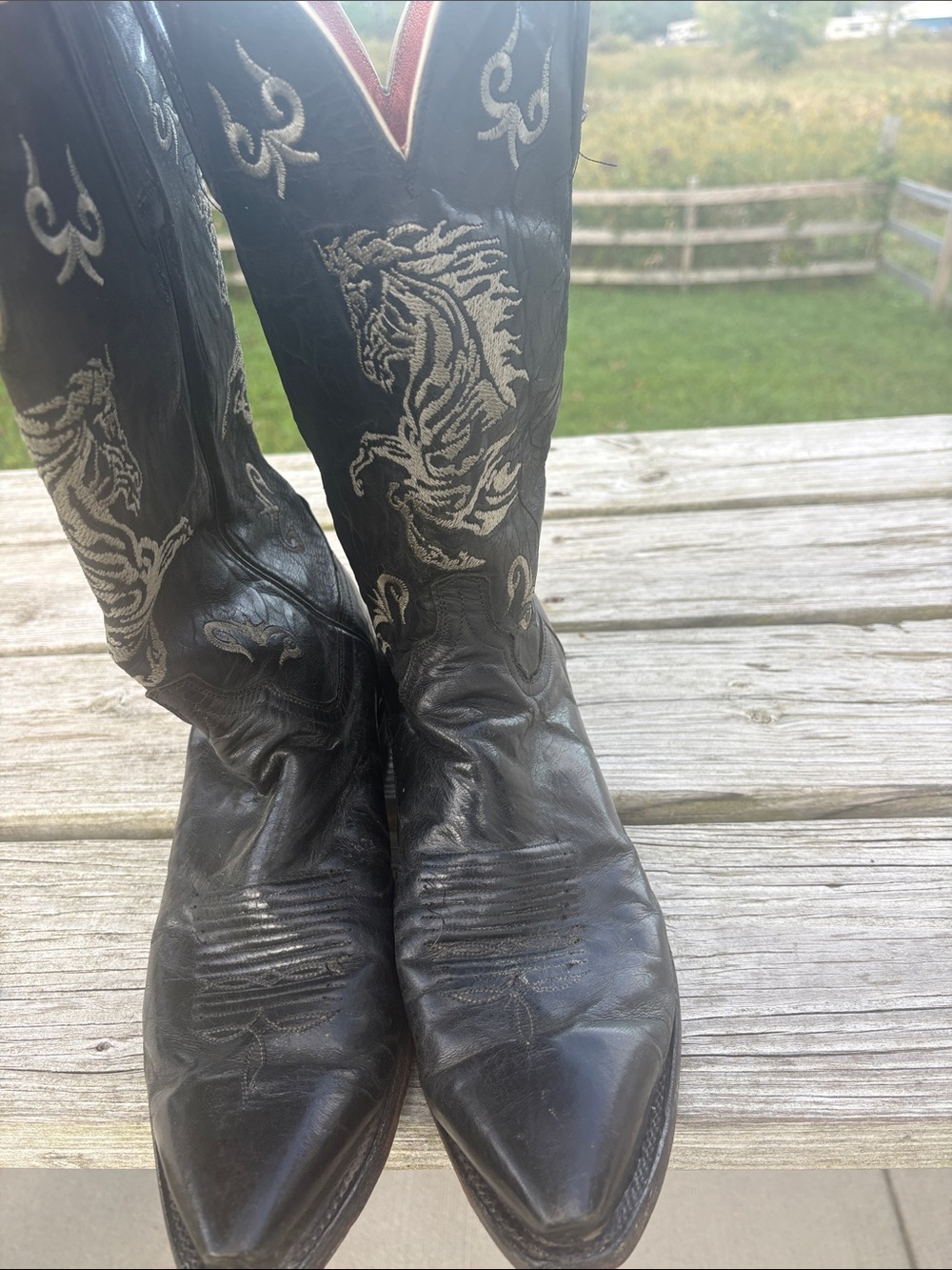Lucchese Black Cowboy Boots with White Embroidery